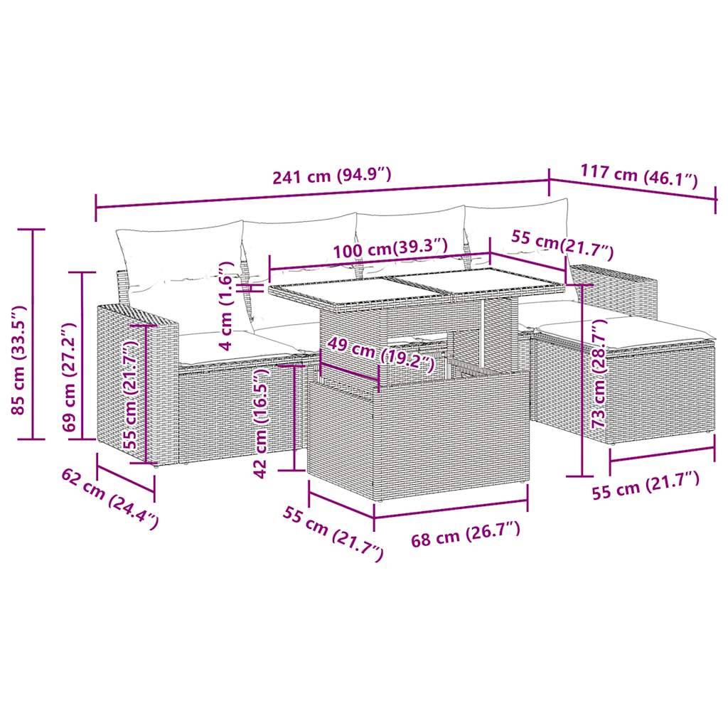 vidaXL 6-tlg. Garten-Sofagarnitur mit Kissen Beige Poly Rattan