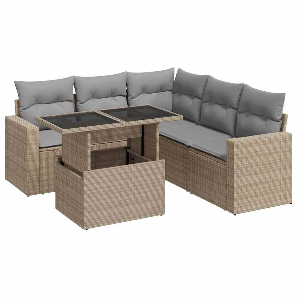 vidaXL 6-tlg. Garten-Sofagarnitur mit Kissen Beige Poly Rattan
