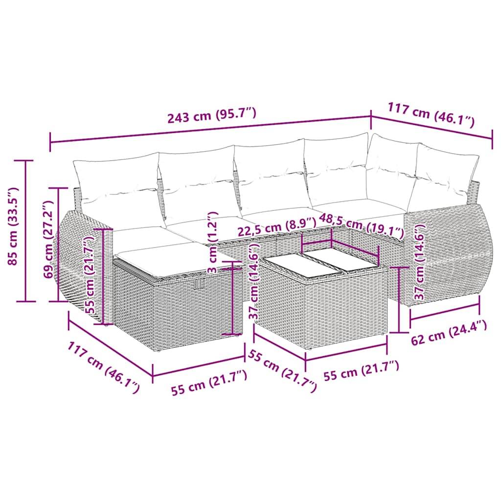 vidaXL 7-tlg. Garten-Sofagarnitur mit Kissen Schwarz Poly Rattan