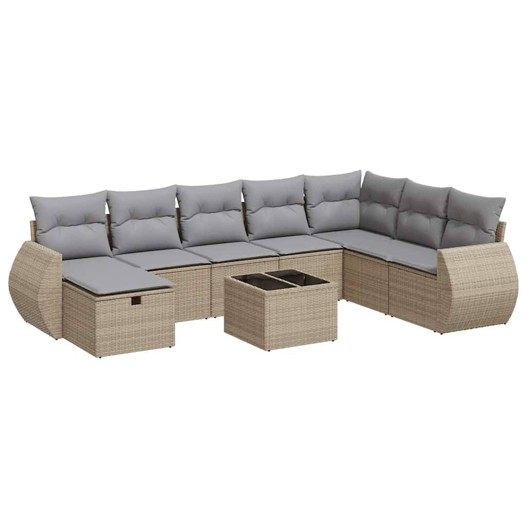 vidaXL 9-tlg. Garten-Sofagarnitur mit Kissen Beige Poly Rattan