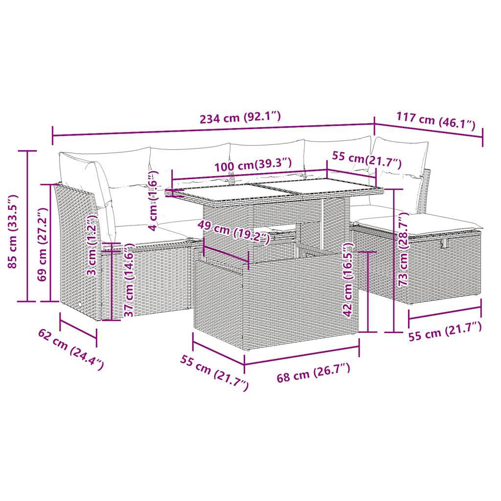 vidaXL 6-tlg. Garten-Sofagarnitur mit Kissen Schwarz Poly Rattan