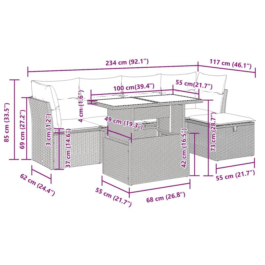vidaXL 6-tlg. Garten-Sofagarnitur mit Kissen Grau Poly Rattan