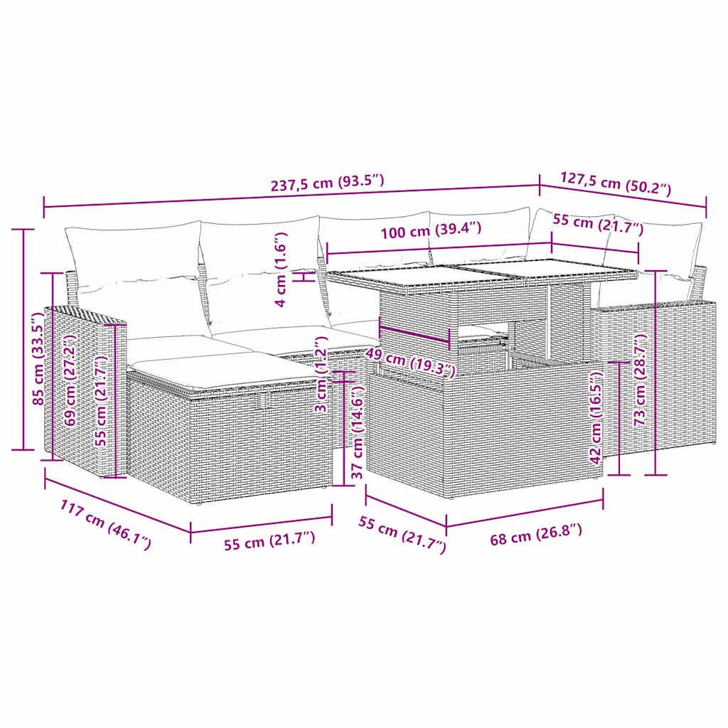 vidaXL 7-tlg. Garten-Sofagarnitur mit Kissen Schwarz Poly Rattan