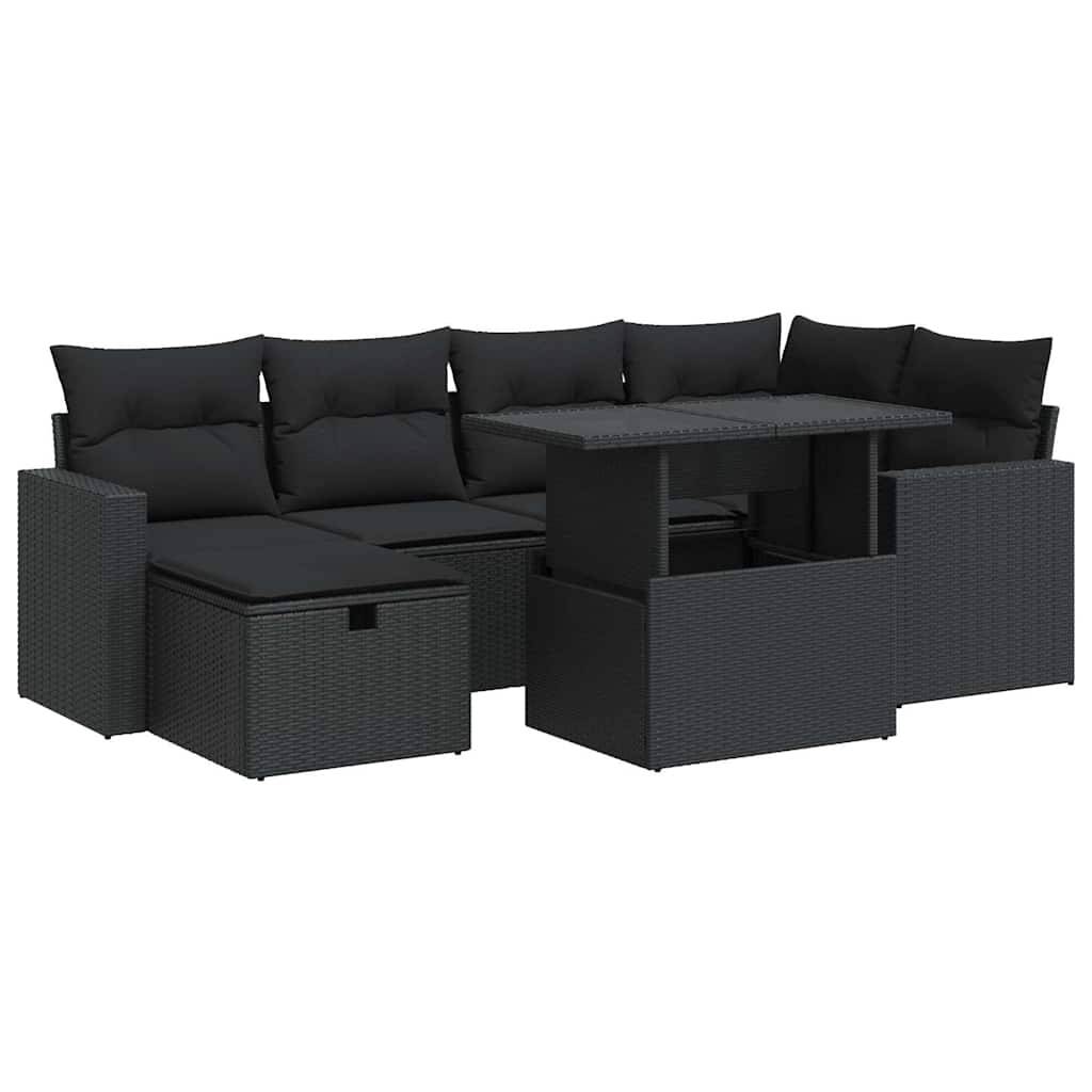 vidaXL 7-tlg. Garten-Sofagarnitur mit Kissen Schwarz Poly Rattan