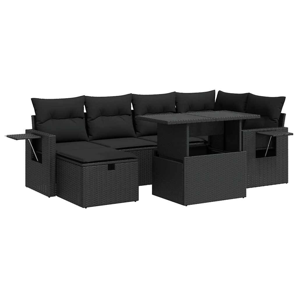 vidaXL 7-tlg. Garten-Sofagarnitur mit Kissen Schwarz Poly Rattan