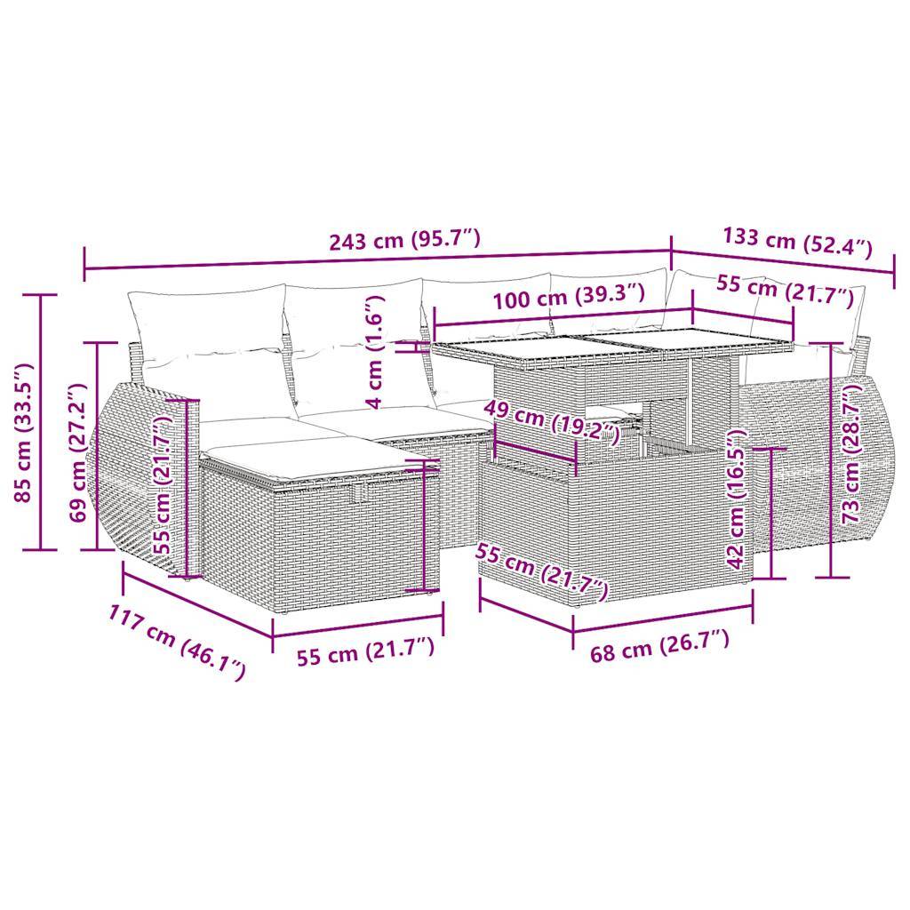 vidaXL 7-tlg. Garten-Sofagarnitur mit Kissen Schwarz Poly Rattan
