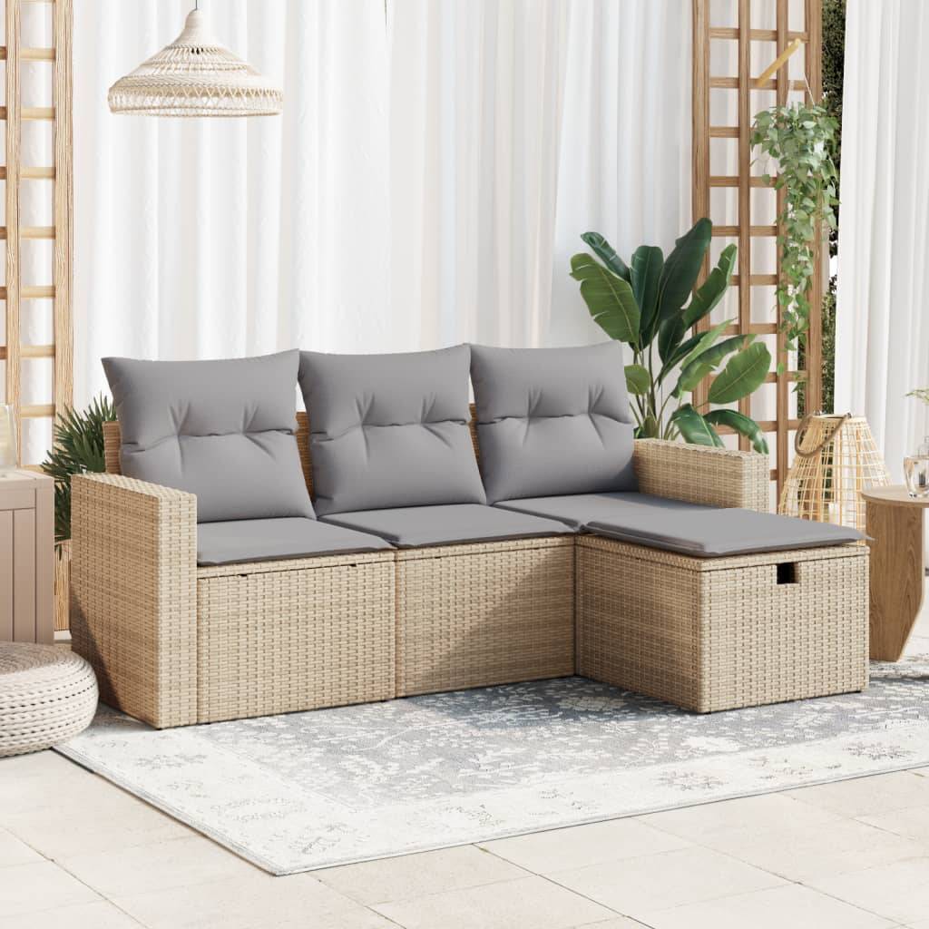 vidaXL 4-tlg. Garten-Sofagarnitur mit Kissen Beige Poly Rattan