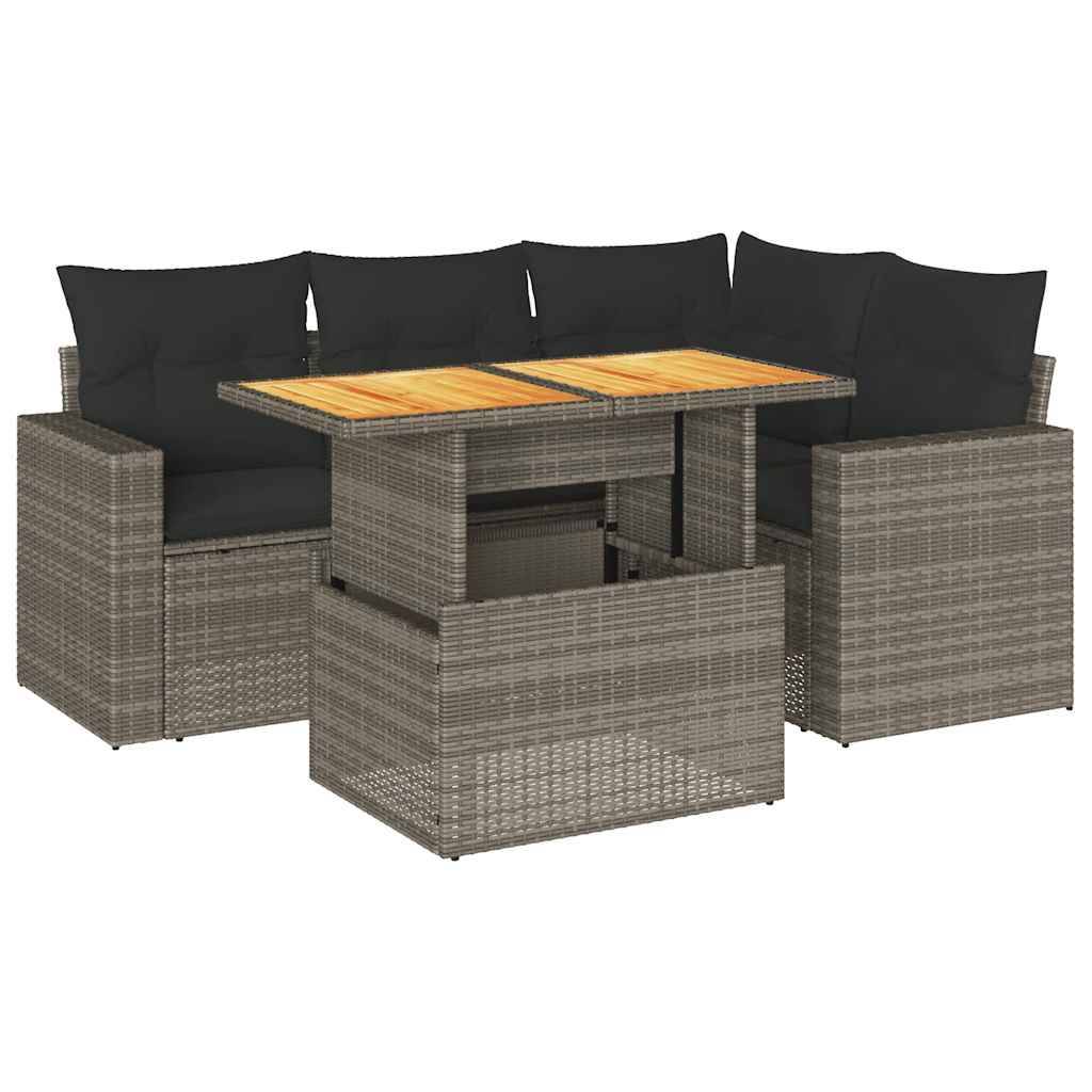 vidaXL 5-tlg. Garten-Sofagarnitur mit Kissen Grau Poly Rattan