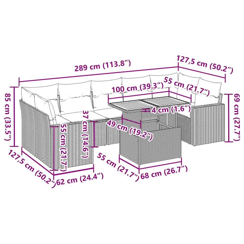 vidaXL 8-tlg. Garten-Sofagarnitur mit Kissen Grau Poly Rattan