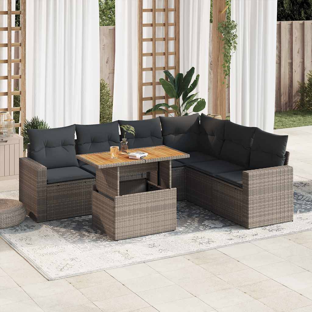 vidaXL 7-tlg. Garten-Sofagarnitur mit Kissen Grau Poly Rattan