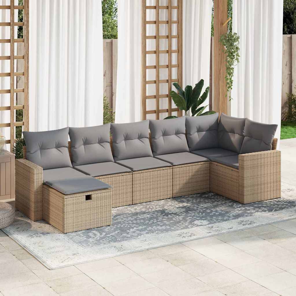 vidaXL 7-tlg. Garten-Sofagarnitur mit Kissen Beige Poly Rattan