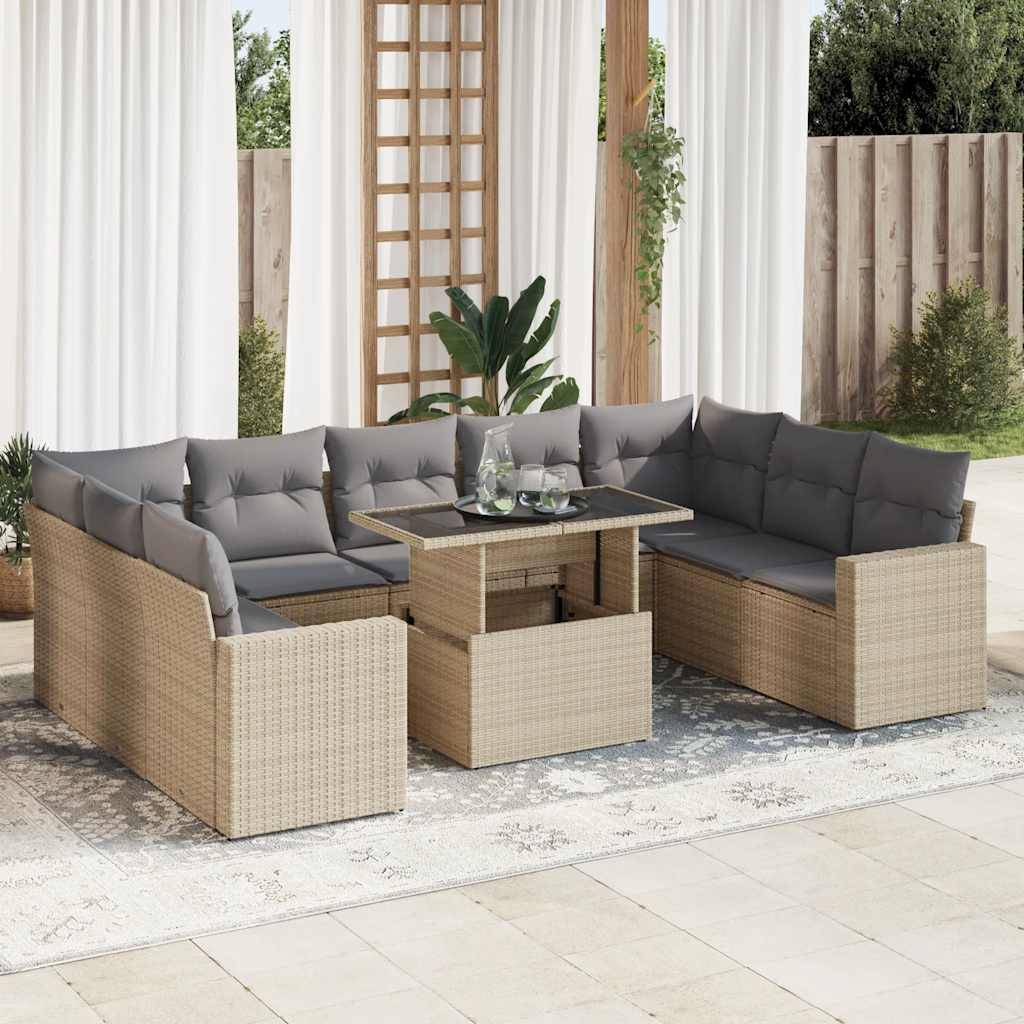 vidaXL 10-tlg. Garten-Sofagarnitur mit Kissen Beige Poly Rattan