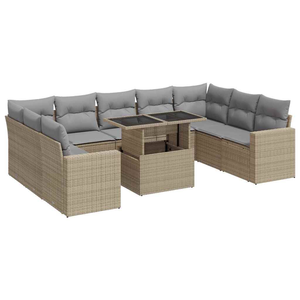 vidaXL 10-tlg. Garten-Sofagarnitur mit Kissen Beige Poly Rattan