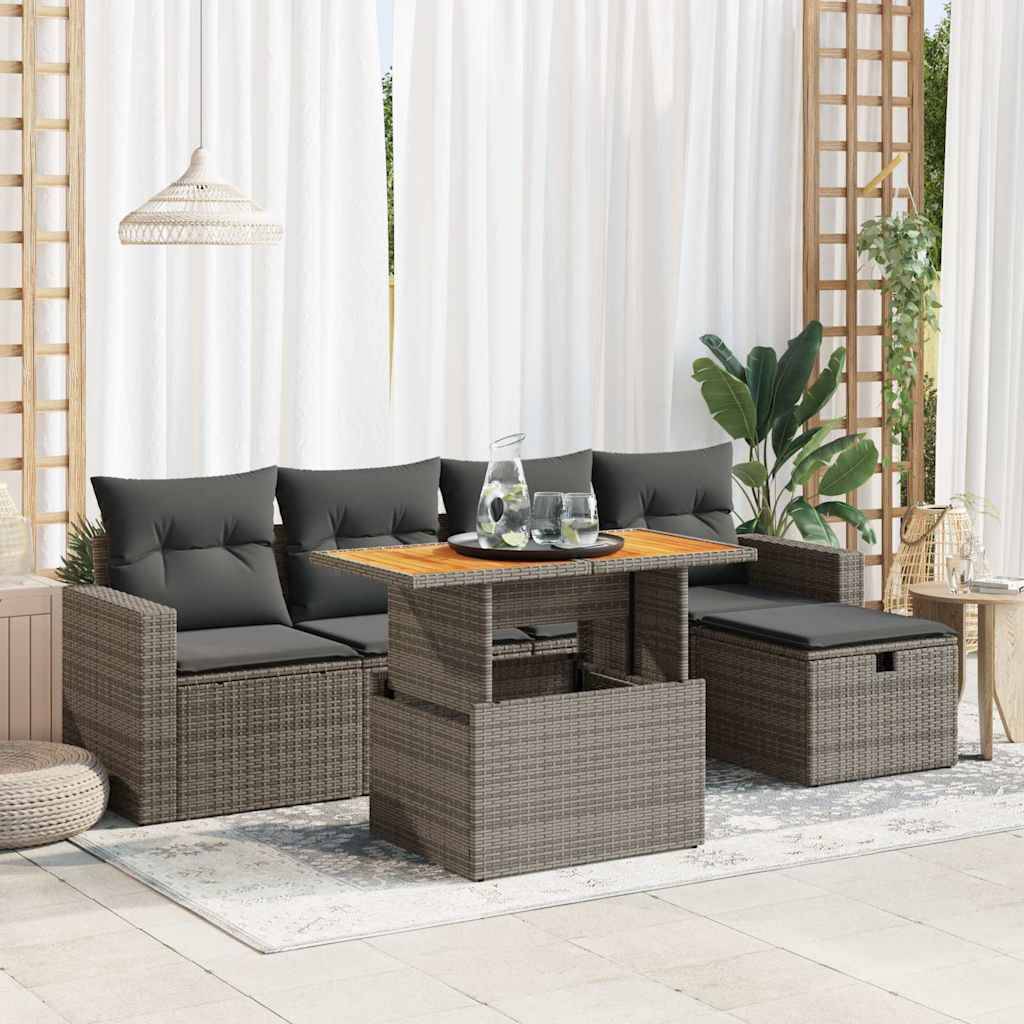 vidaXL 6-tlg. Garten-Sofagarnitur mit Kissen Grau Poly Rattan Akazie