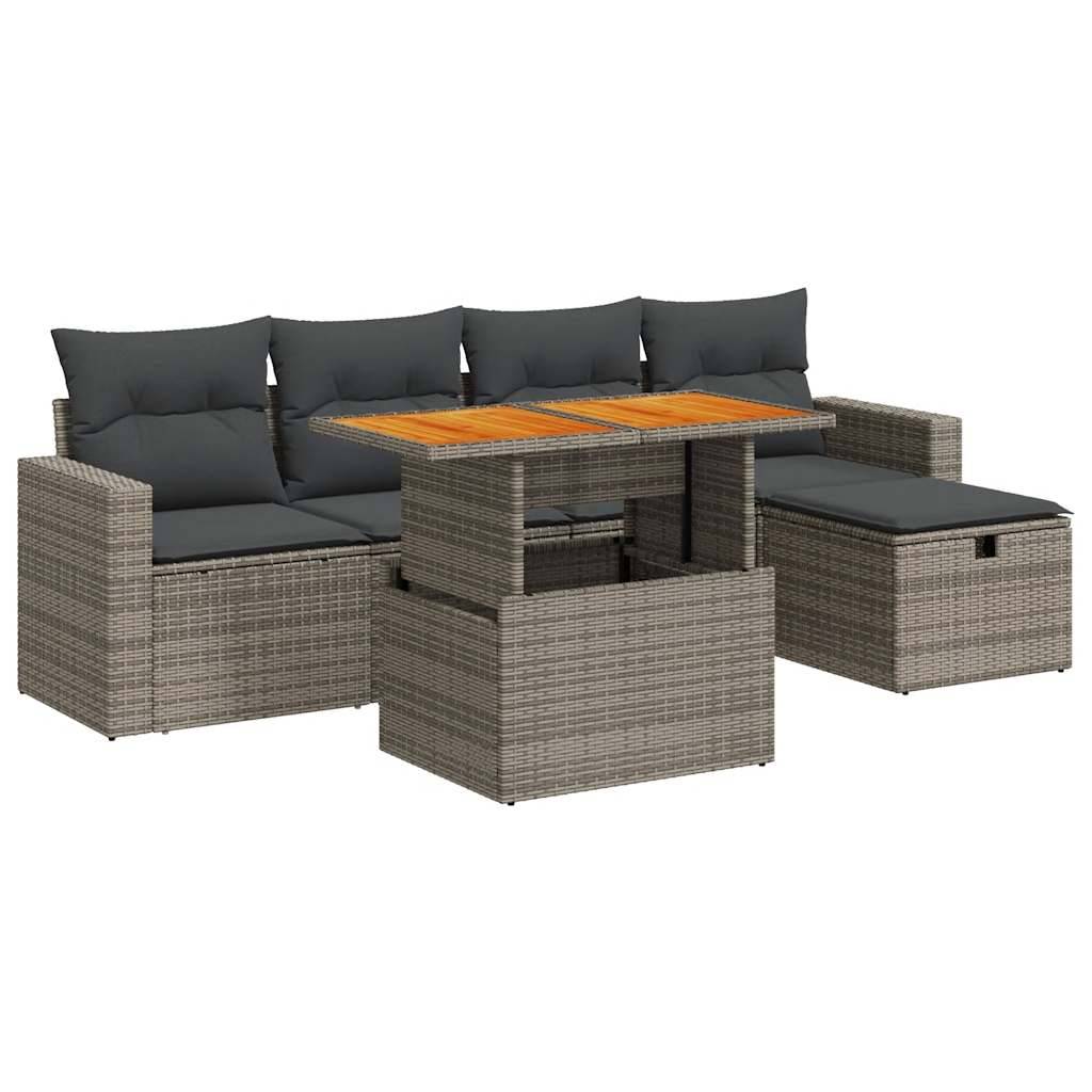 vidaXL 6-tlg. Garten-Sofagarnitur mit Kissen Grau Poly Rattan Akazie