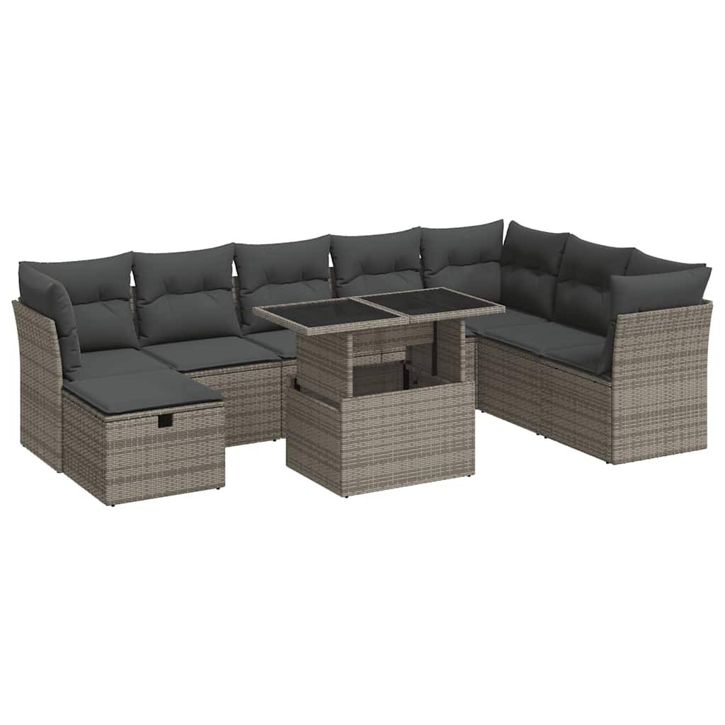 vidaXL 9-tlg. Garten-Sofagarnitur mit Kissen Grau Poly Rattan
