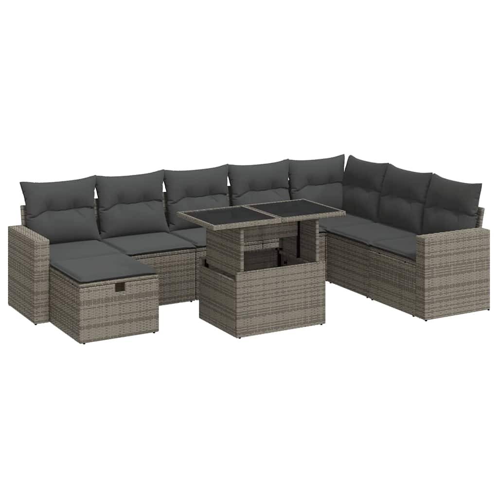 vidaXL 9-tlg. Garten-Sofagarnitur mit Kissen Grau Poly Rattan