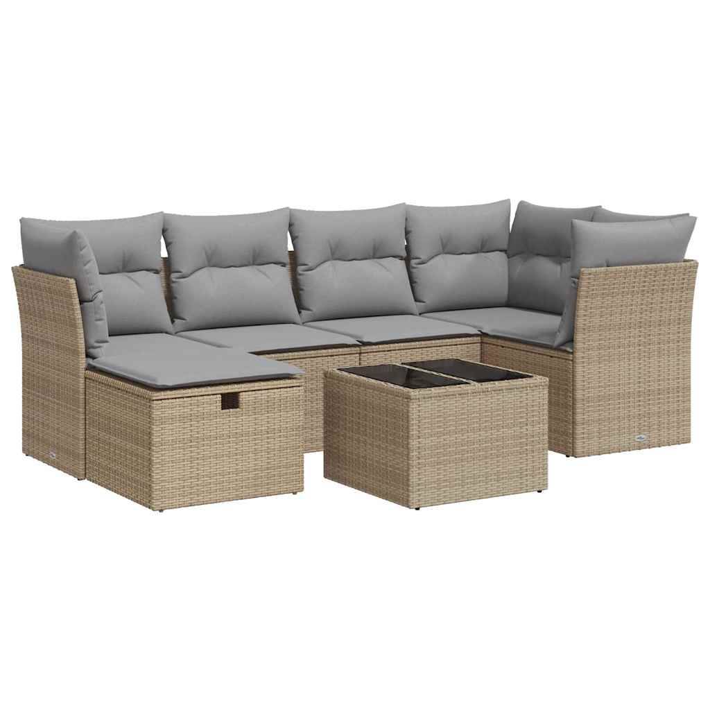 vidaXL 7-tlg. Garten-Sofagarnitur mit Kissen Beige Poly Rattan
