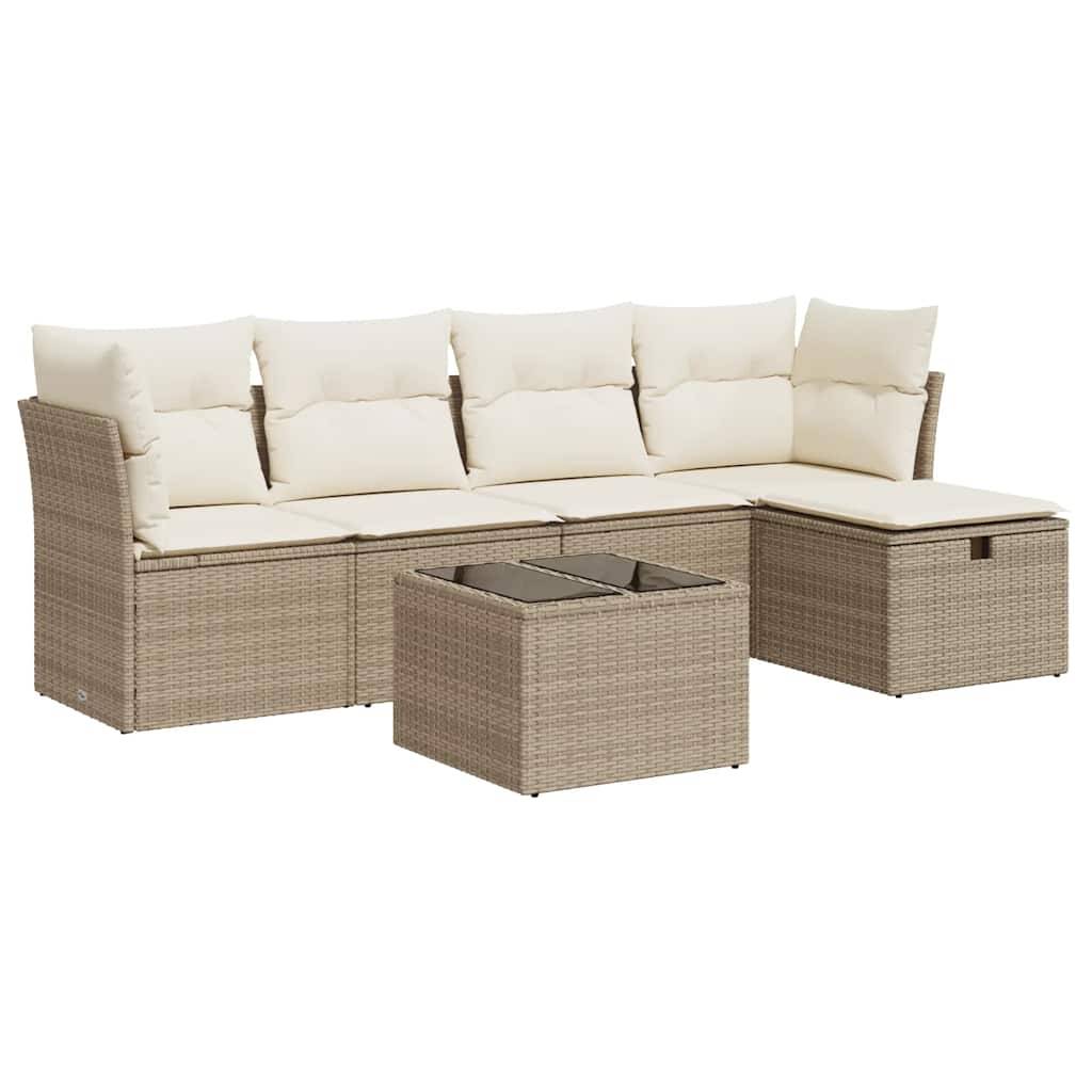 vidaXL 6-tlg. Garten-Sofagarnitur mit Kissen Beige Poly Rattan