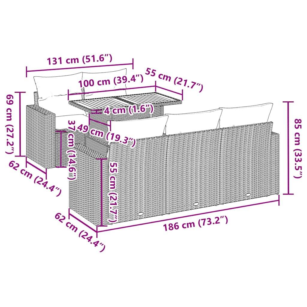 vidaXL 6-tlg. Garten-Sofagarnitur mit Kissen Beige Poly Rattan