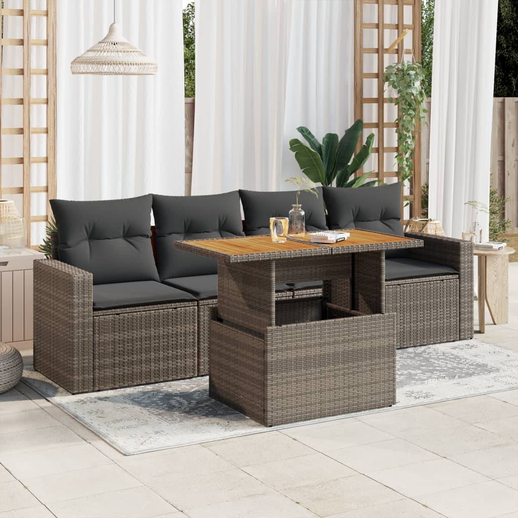 vidaXL 5-tlg. Garten-Sofagarnitur mit Kissen Grau Poly Rattan