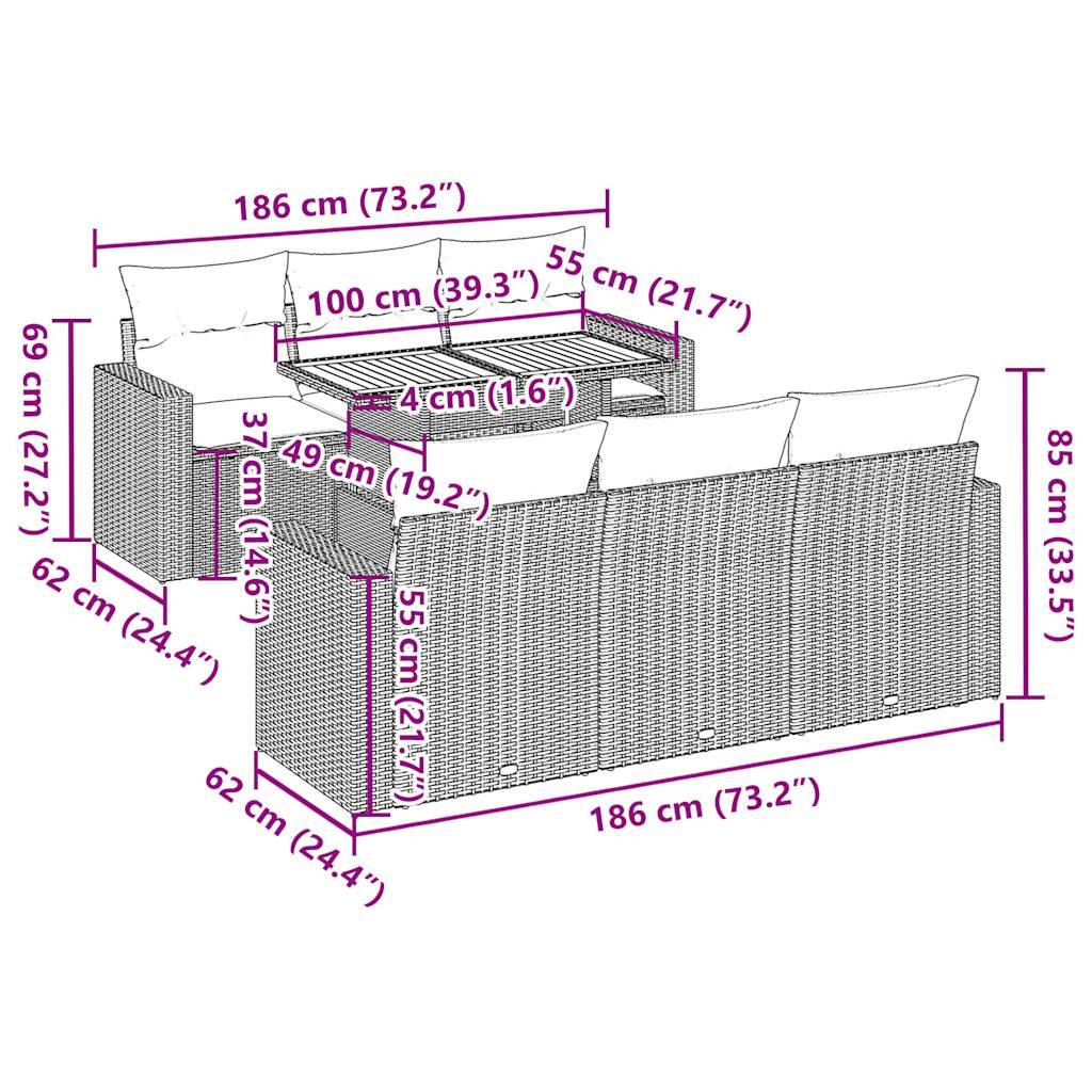 vidaXL 7-tlg. Garten-Sofagarnitur mit Kissen Grau Poly Rattan