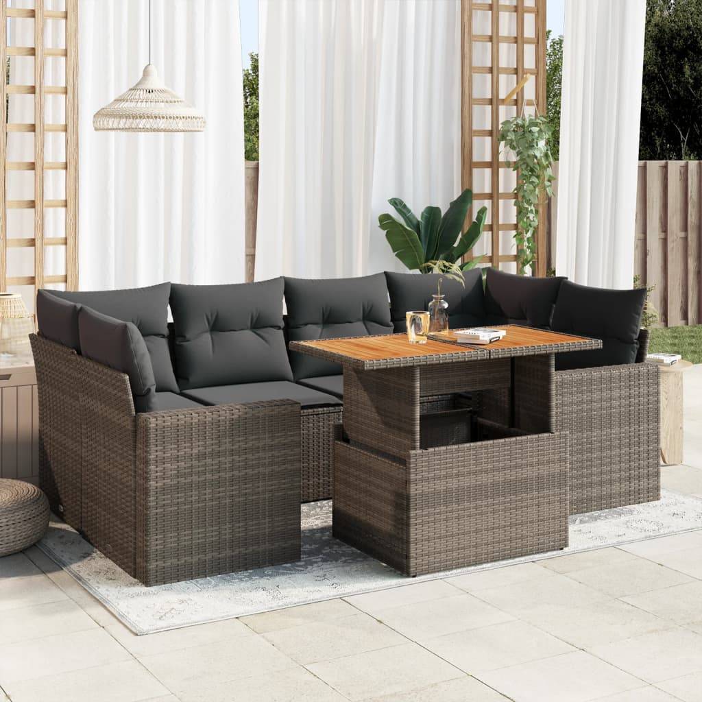 vidaXL 7-tlg. Garten-Sofagarnitur mit Kissen Grau Poly Rattan