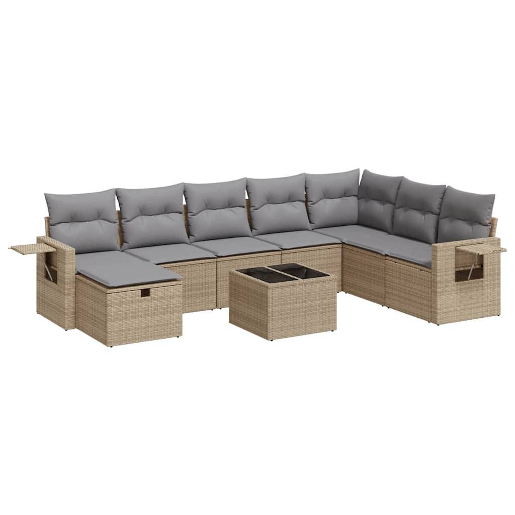 vidaXL 9-tlg. Garten-Sofagarnitur mit Kissen Beige Poly Rattan