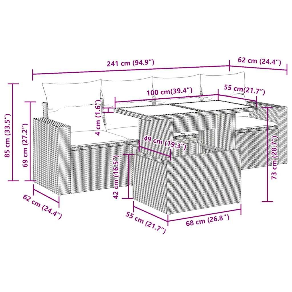 vidaXL 5-tlg. Garten-Sofagarnitur mit Kissen Beige Poly Rattan