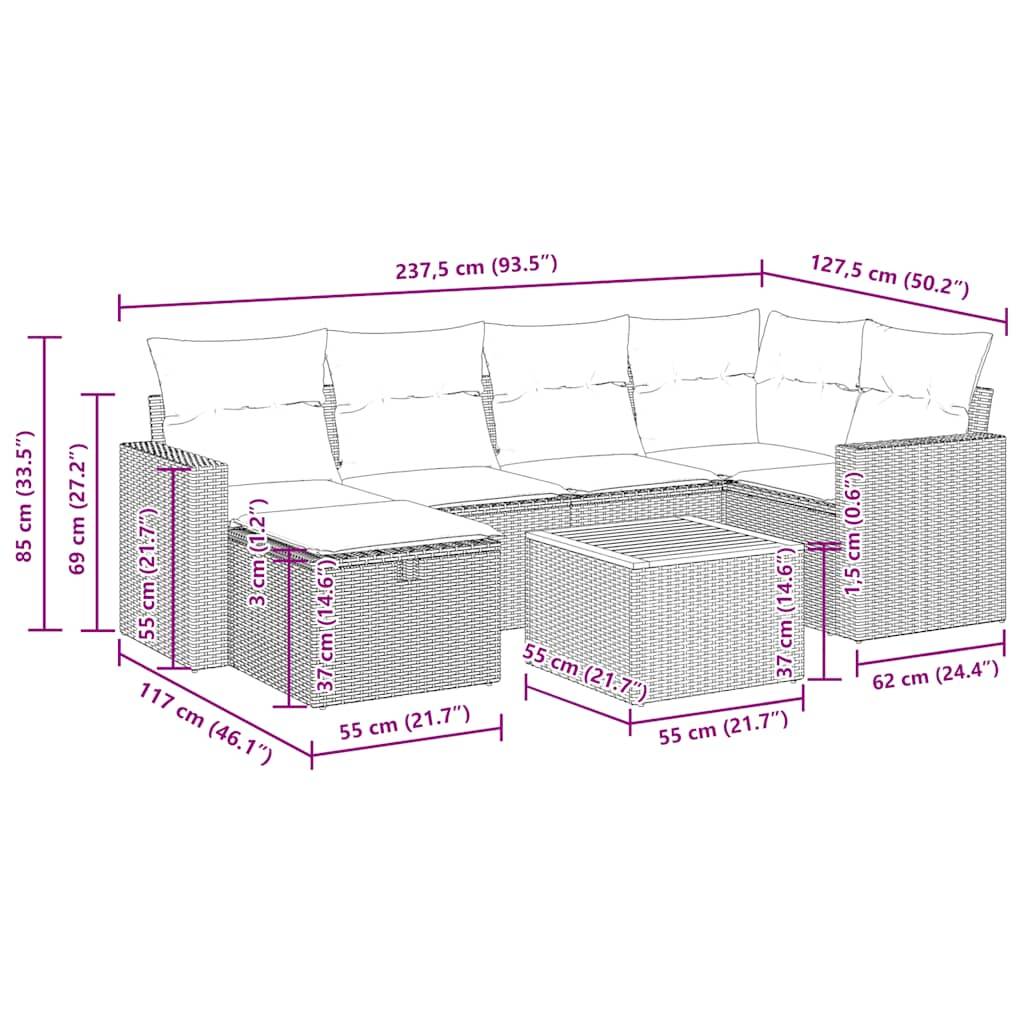 vidaXL 7-tlg. Garten-Sofagarnitur mit Kissen Beige Poly Rattan