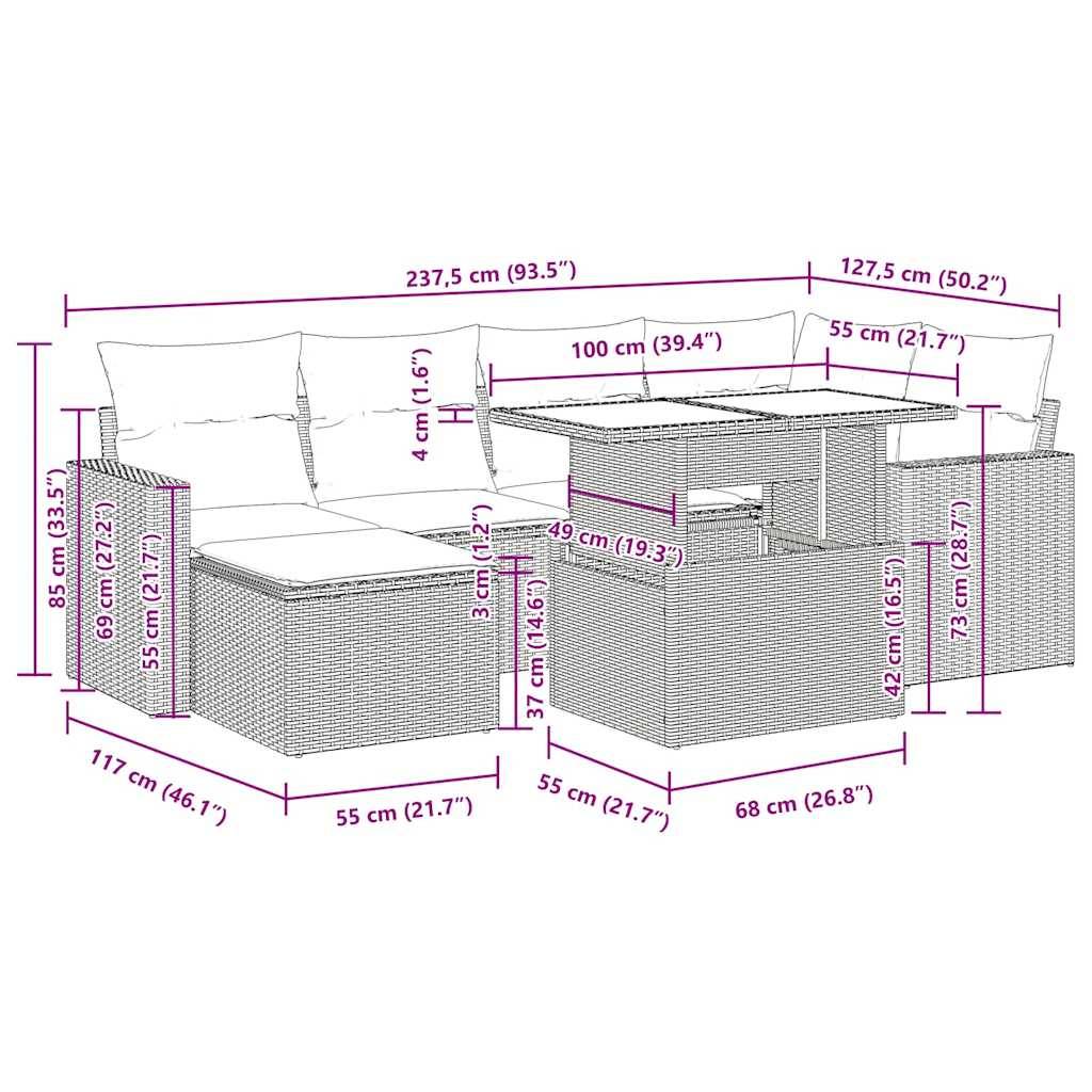 vidaXL 7-tlg. Garten-Sofagarnitur mit Kissen Grau Poly Rattan