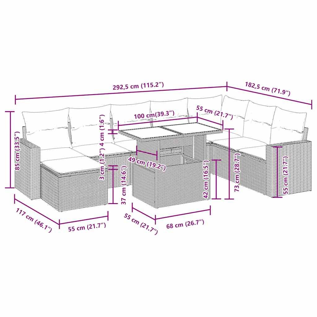 vidaXL 9-tlg. Garten-Sofagarnitur mit Kissen Grau Poly Rattan Akazie