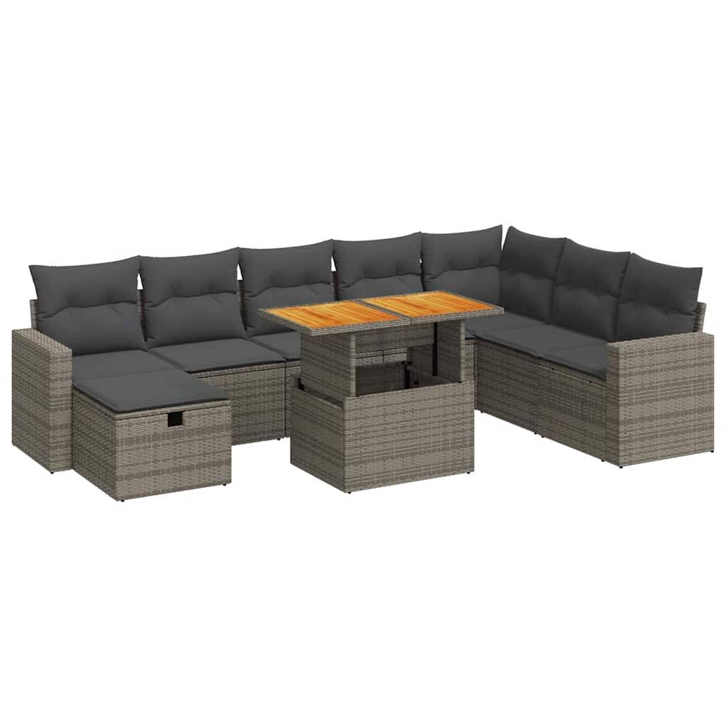 vidaXL 9-tlg. Garten-Sofagarnitur mit Kissen Grau Poly Rattan Akazie