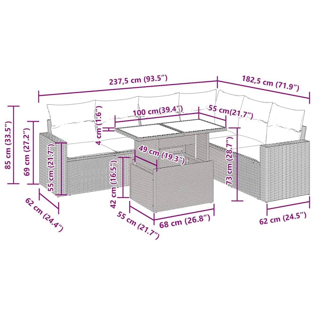 vidaXL 7-tlg. Garten-Sofagarnitur mit Kissen Beige Poly Rattan