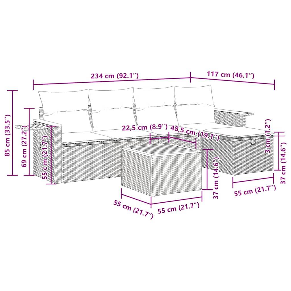 vidaXL 6-tlg. Garten-Sofagarnitur mit Kissen Grau Poly Rattan