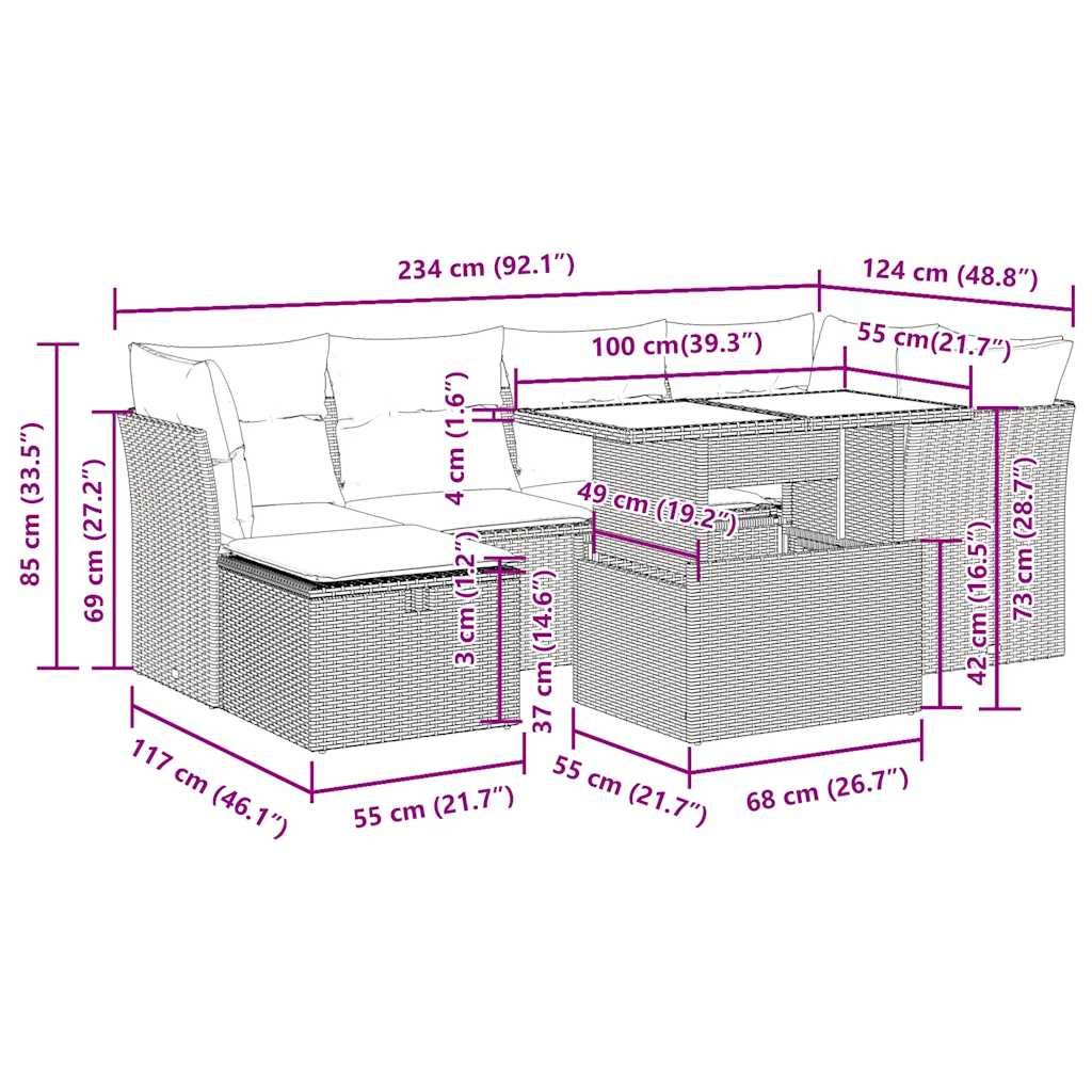 vidaXL 7-tlg. Garten-Sofagarnitur mit Kissen Schwarz Poly Rattan