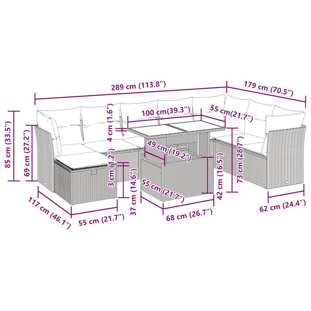 vidaXL 9-tlg. Garten-Sofagarnitur mit Kissen Beige Poly Rattan