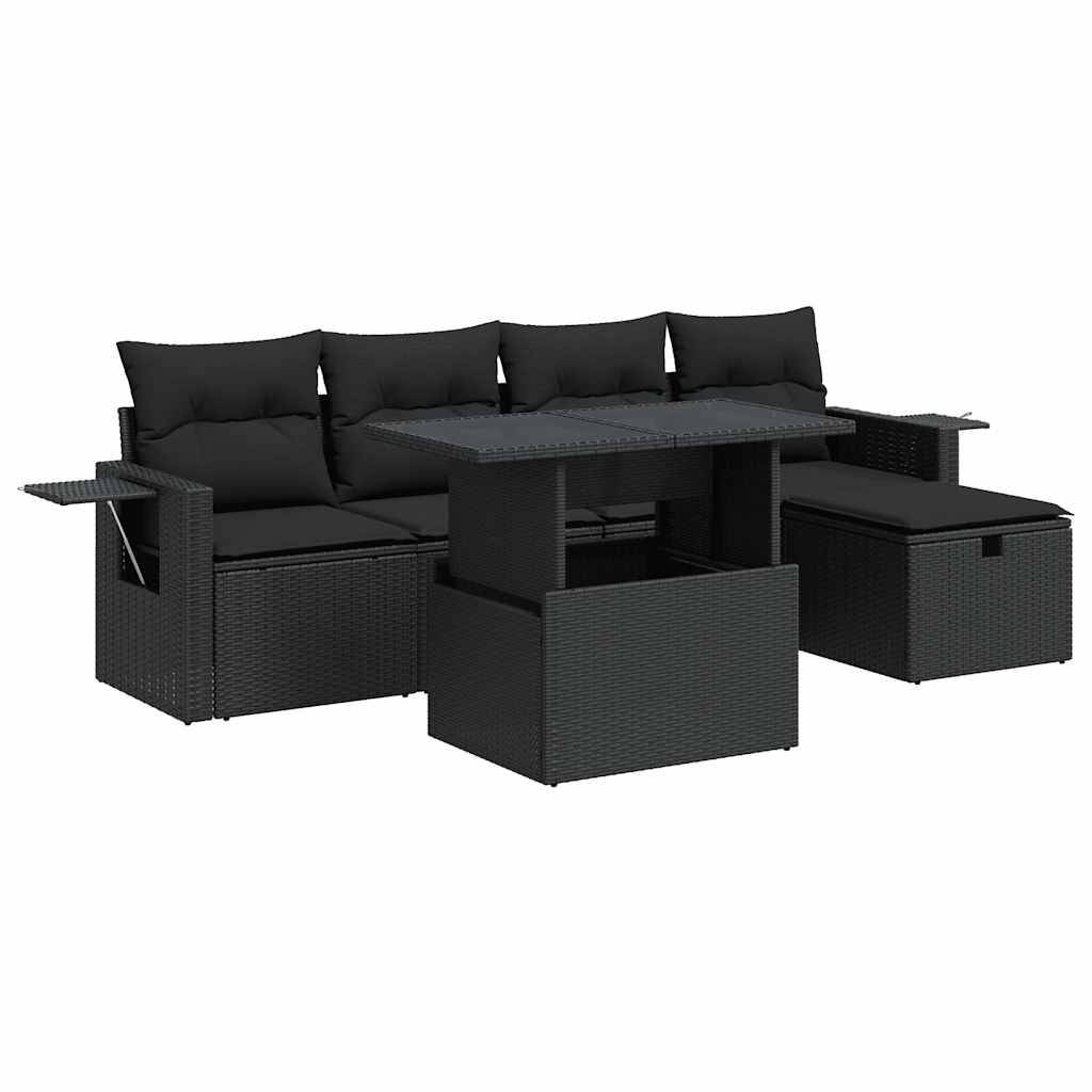 vidaXL 6-tlg. Garten-Sofagarnitur mit Kissen Schwarz Poly Rattan