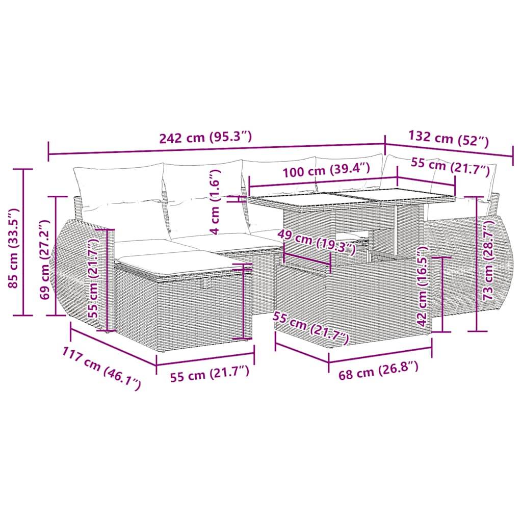 vidaXL 7-tlg. Garten-Sofagarnitur mit Kissen Grau Poly Rattan