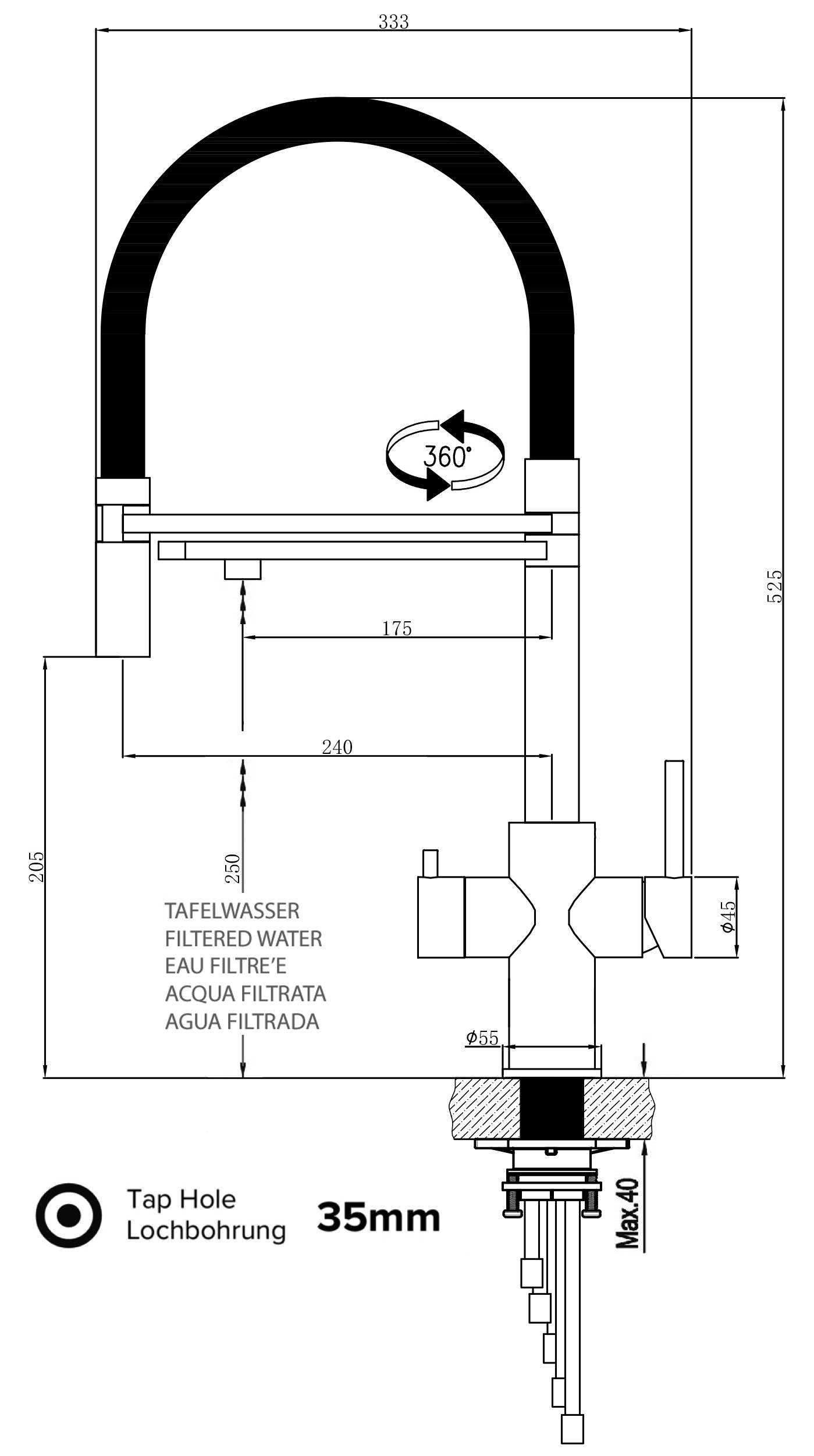 5 Wege Wasserhahn Küchenarmatur, Edelstahl Massiv mit 360° schwenkbarem Auslauf, abnehmbare 2 strahl Handbrause, PVD Schwarz Matt / Grau