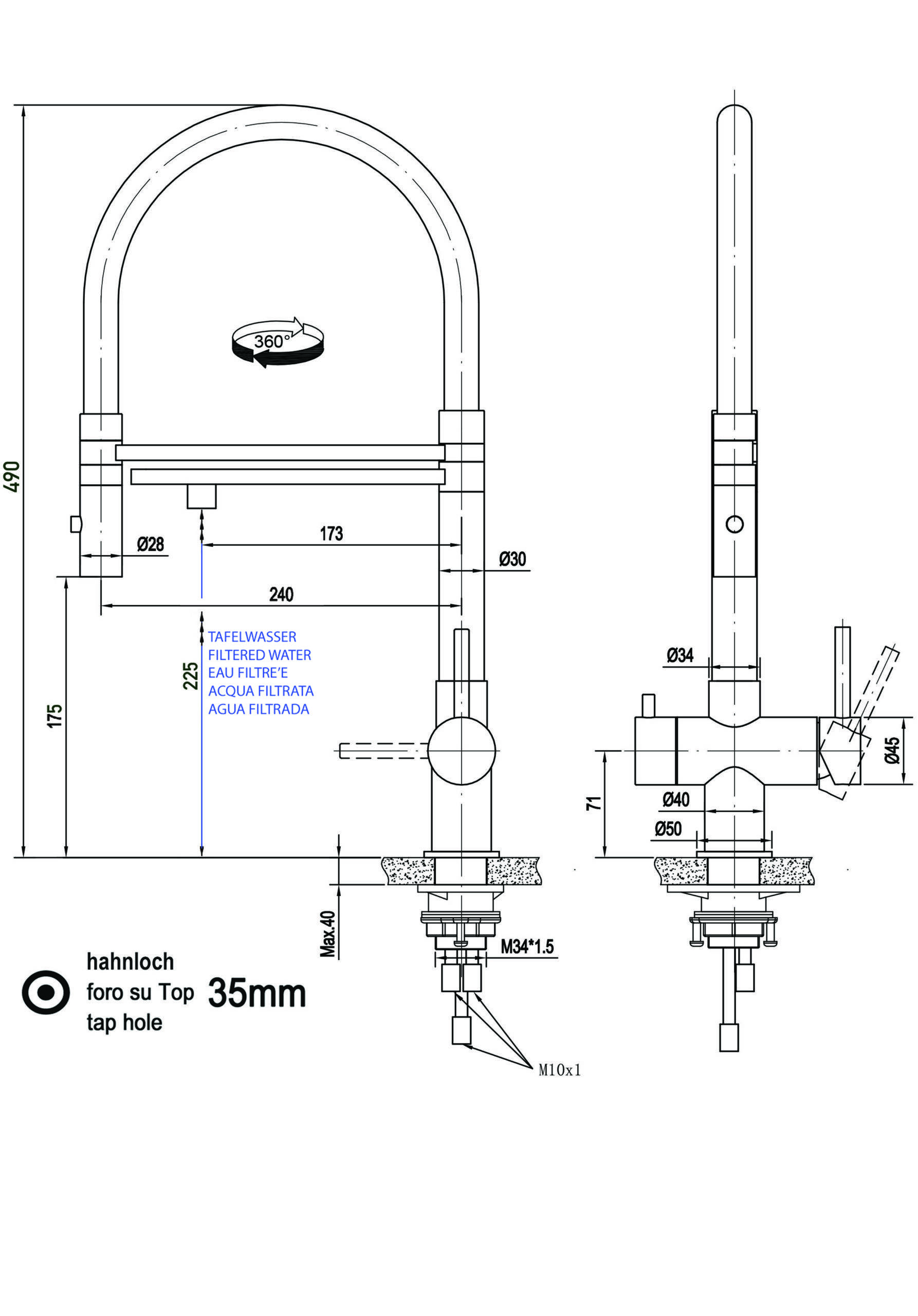 3 Wege Wasserhahn Küchenarmatur, Edelstahl Massiv mit 360° schwenkbarem Auslauf, abnehmbare 2 strahl Handbrause, PVD Schwarz Matt / Grau