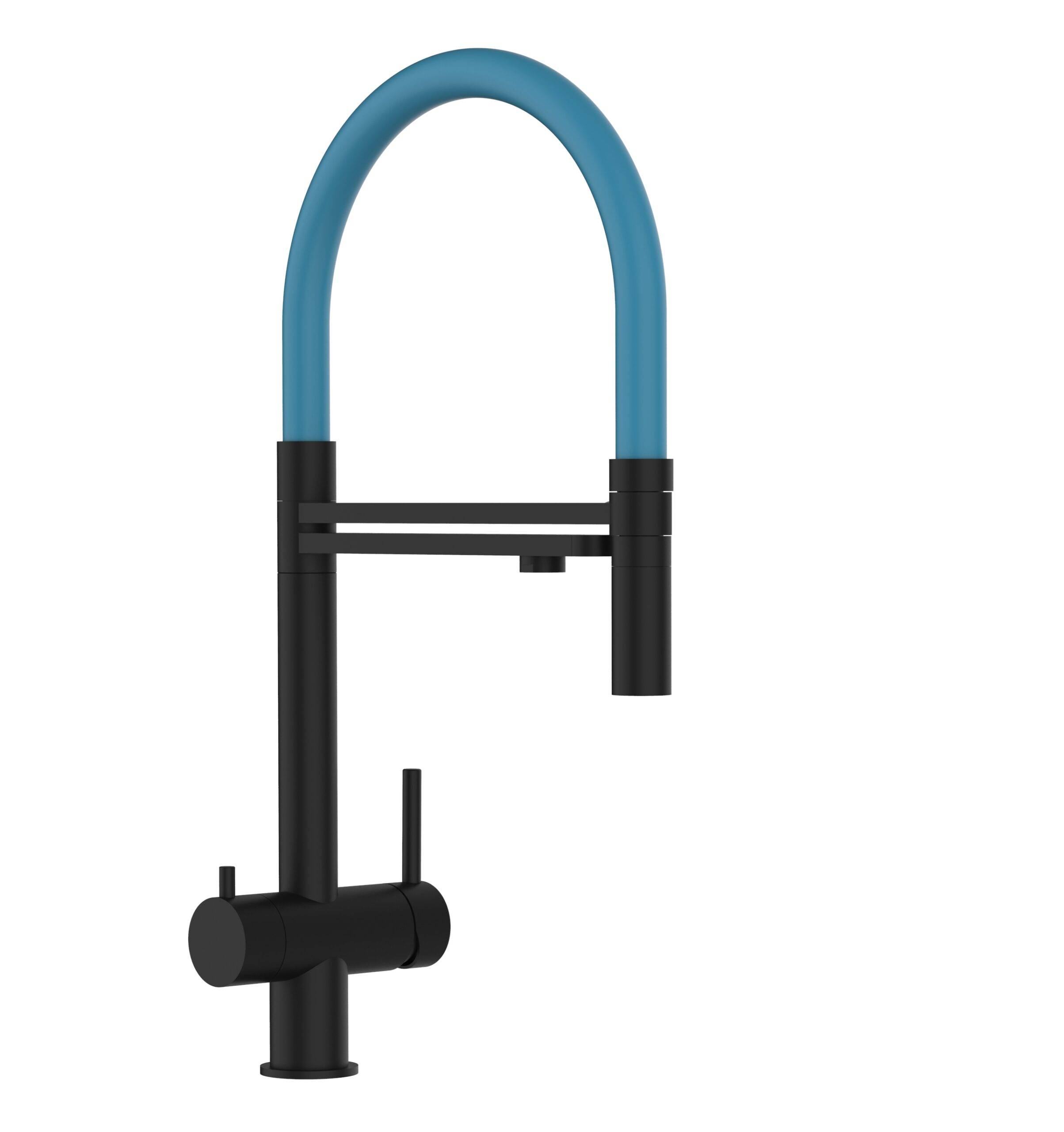 3 Wege Wasserhahn Küchenarmatur, Edelstahl Massiv mit 360° schwenkbarem Auslauf, abnehmbare 2 strahl Handbrause, PVD Schwarz Matt / Hellblau