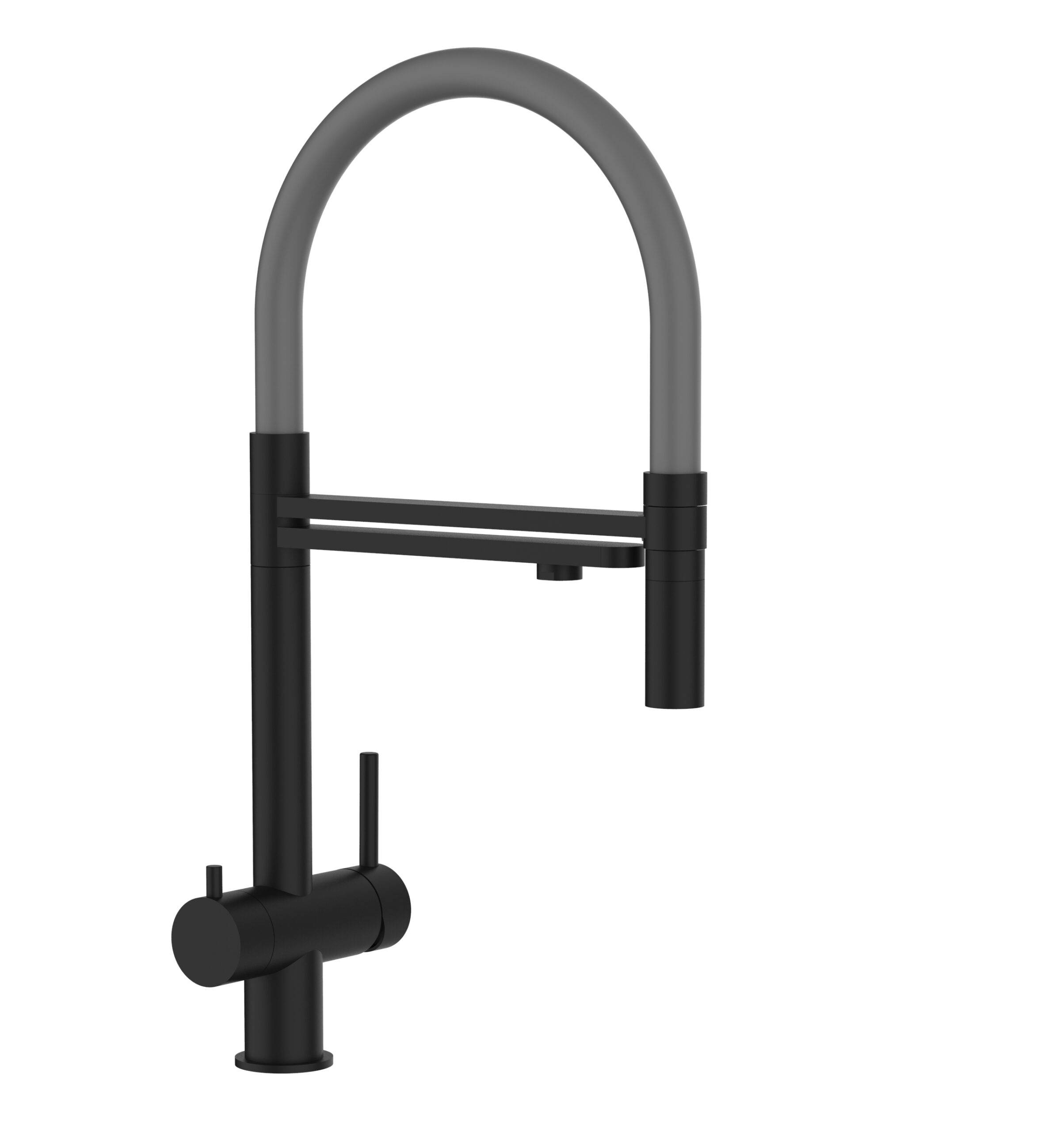 3 Wege Wasserhahn Küchenarmatur, Edelstahl Massiv mit 360° schwenkbarem Auslauf, abnehmbare 2 strahl Handbrause, PVD Schwarz Matt / Grau