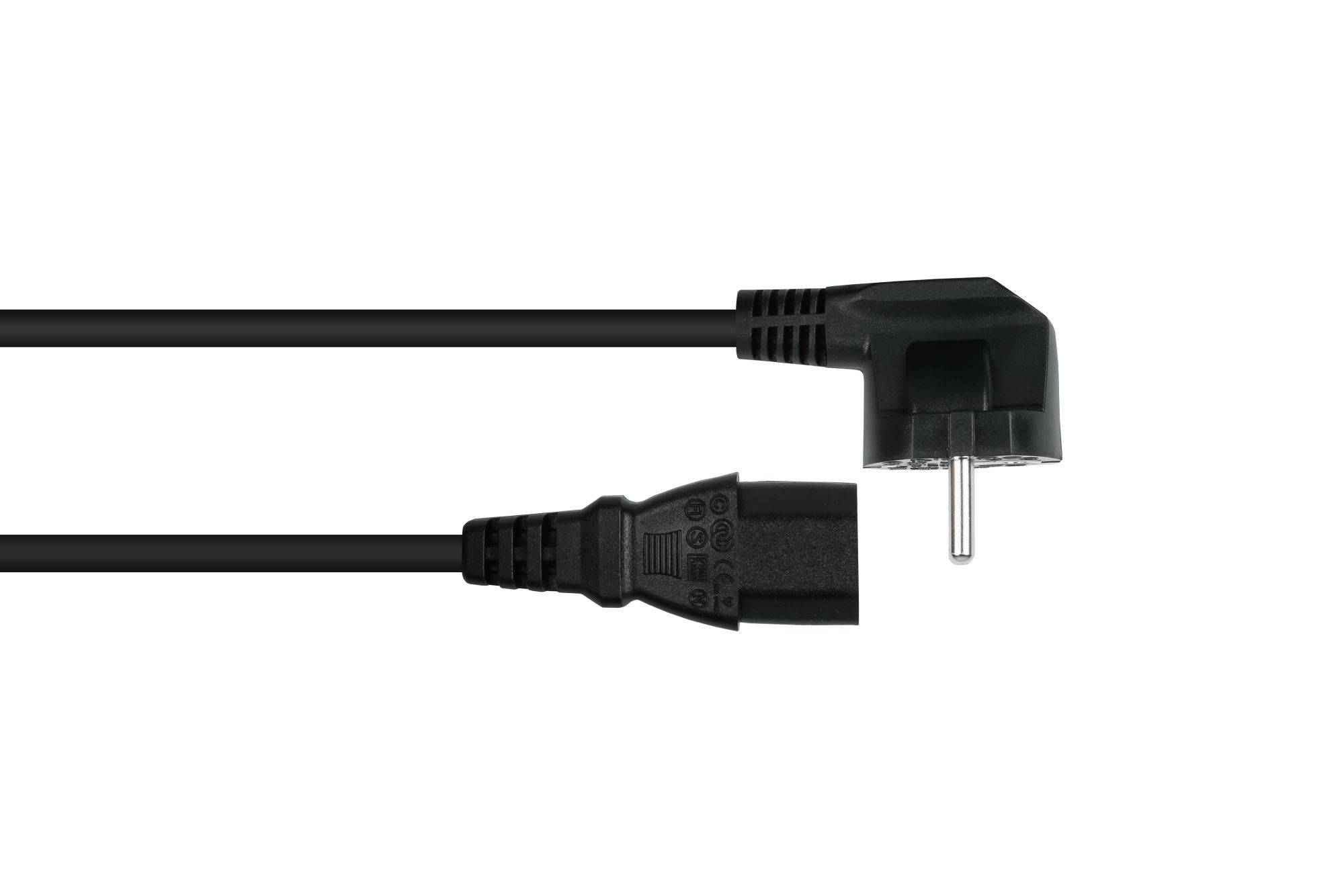 Netzkabel Schutzkontakt-Stecker Typ E+F (CEE 7/7, gewinkelt) an Kaltgeräte-Buchse C13 (gerade), schwarz, 0,75mm², 0,5m