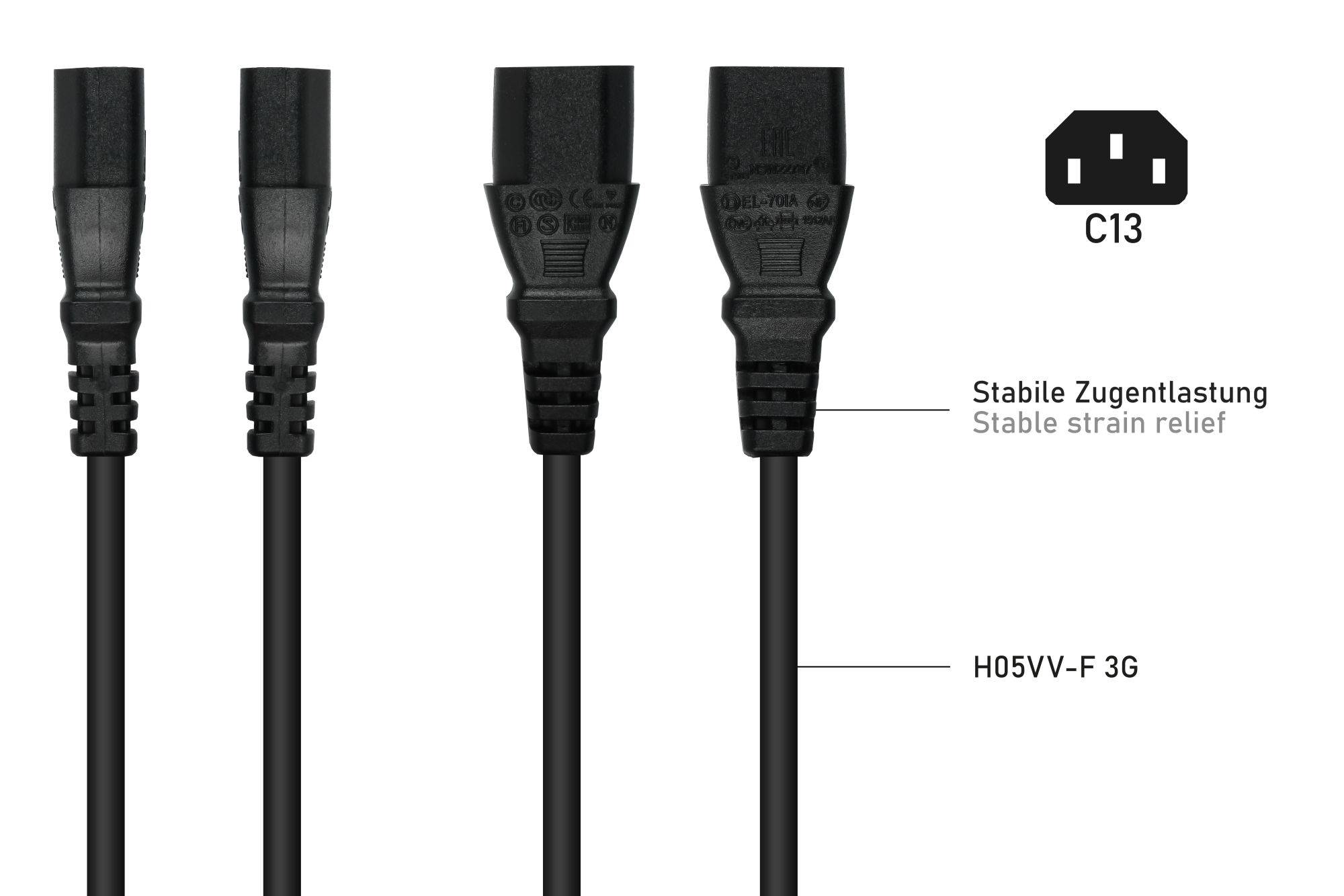 Netzkabel Schutzkontakt-Stecker Typ E+F (CEE 7/7, gewinkelt) an Kaltgeräte-Buchse C13 (gerade), schwarz, 0,75mm², 0,5m