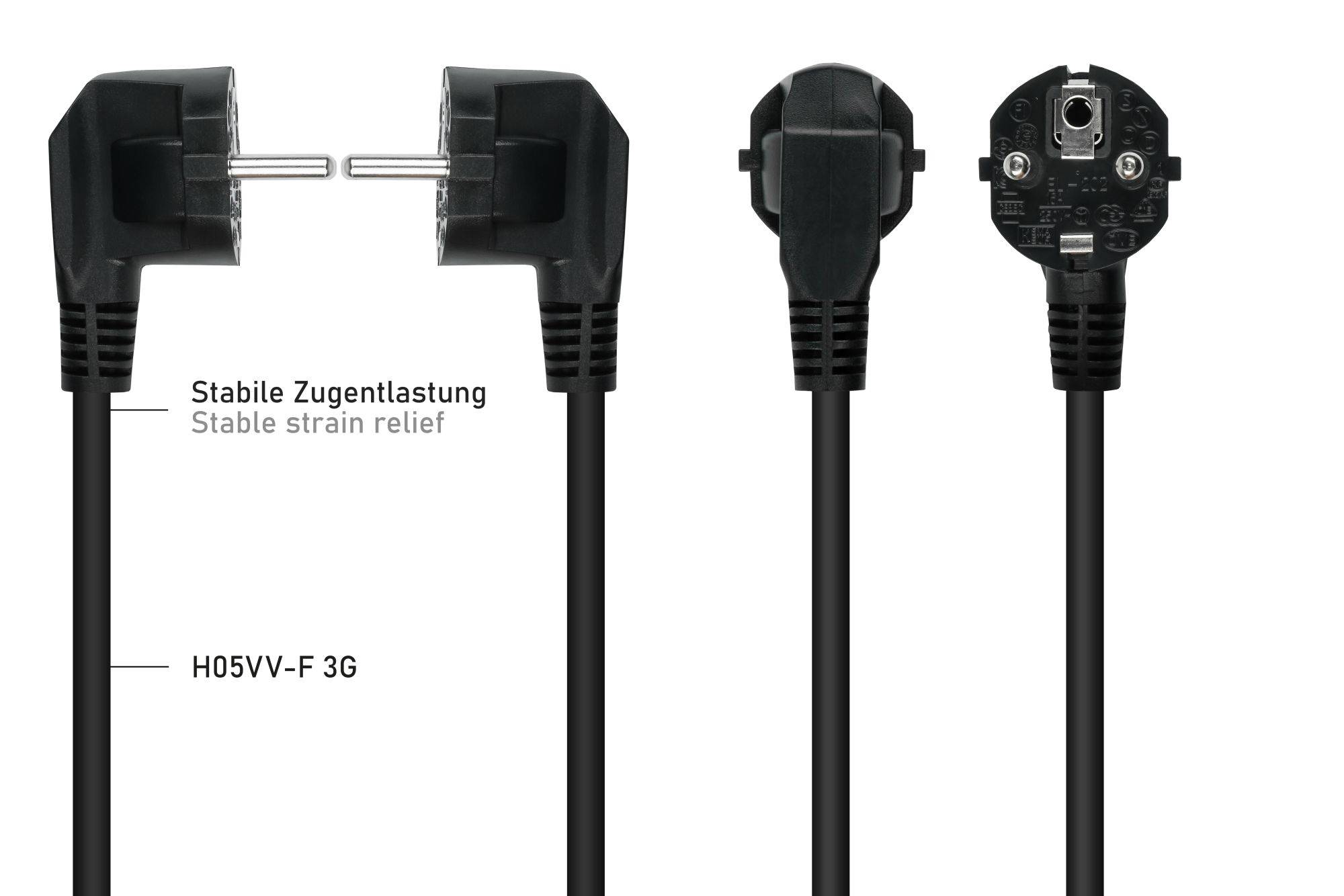 Netzkabel Schutzkontakt-Stecker Typ E+F (CEE 7/7, gewinkelt) an Kaltgeräte-Buchse C13 (gerade), schwarz, 0,75mm², 0,5m