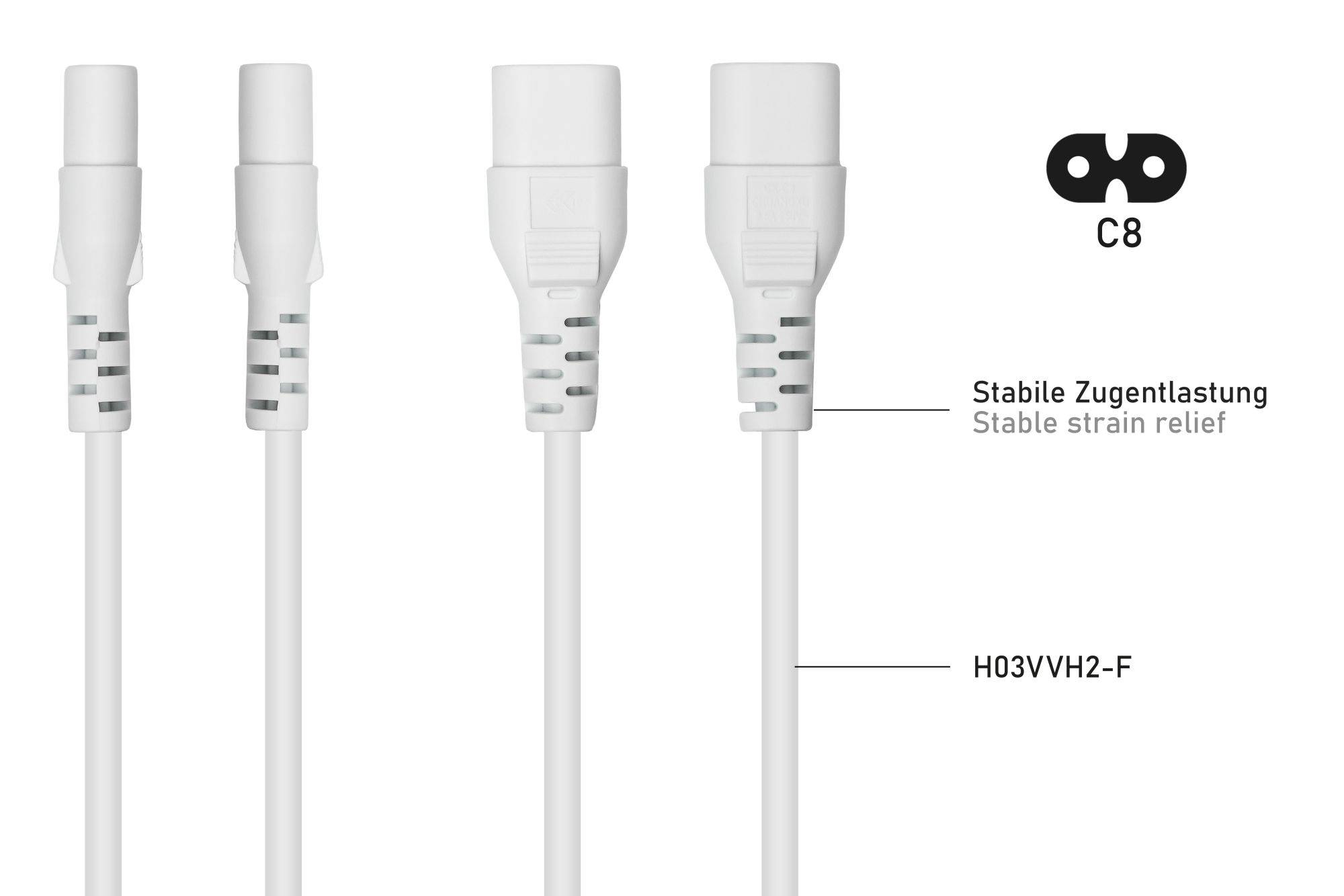 Euro-Verlängerung Stecker C8 (gerade) an Buchse C7 / Euro 8 (gerade), weiß, 0,75mm², 0,1m