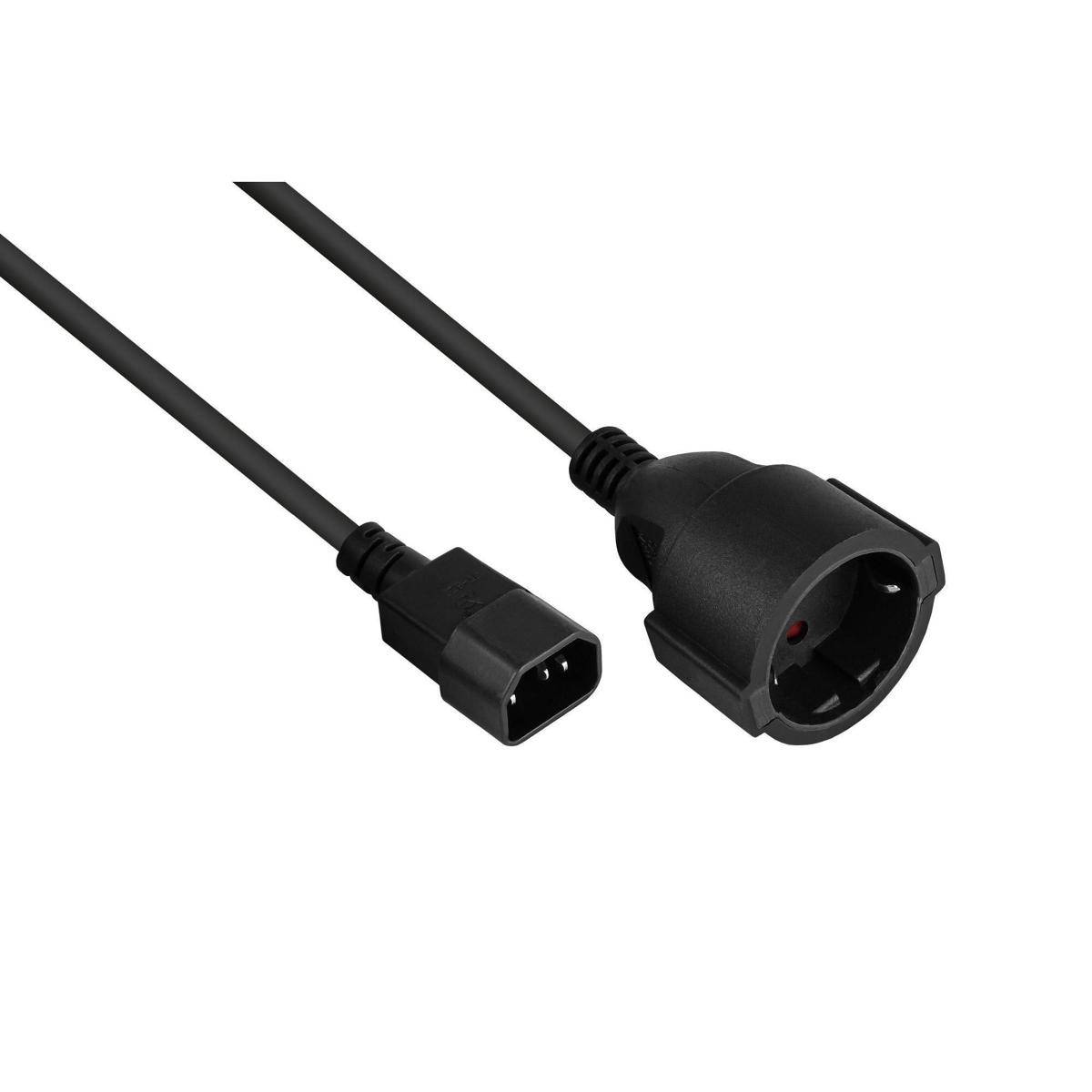 Schwarzes Stromkabel mit IEC-Stecker und Buchsenadapter auf weißem Hintergrund dargestellt.
