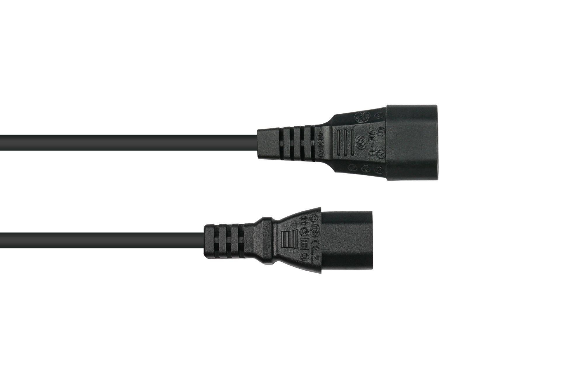 Kaltgeräteverlängerung Kaltgeräte-Stecker C14 (gerade) an Kaltgeräte-Buchse C13 (gerade), schwarz, 0,75mm², 0,5m