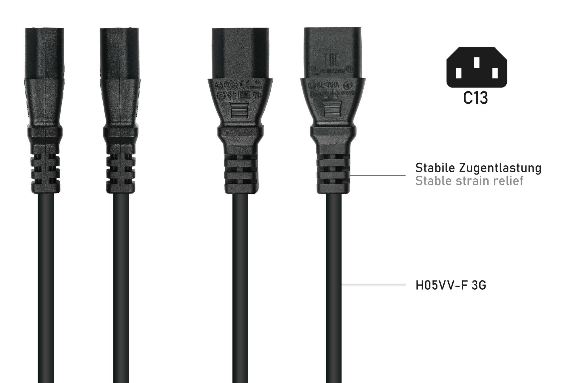Kaltgeräteverlängerung Kaltgeräte-Stecker C14 (gerade) an Kaltgeräte-Buchse C13 (gerade), schwarz, 0,75mm², 0,5m